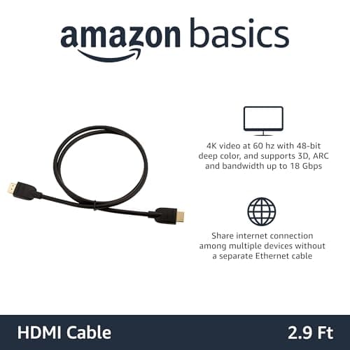 Amazon Basics HDMI Cable, 3ft, 4K@60Hz, High-Speed HDMI 2.0 Cord, 18Gbps, 2160p, 48 bit, Compatible with TV/PS5/Xbox/Roku, Black
