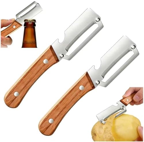 Premium Vegetable Peeler with Wooden Handle and Bottle Opener: 2-in-1 Stainless Steel Kitchen Tool for Fruit Apple Potato Pumpkin Papaya (2 PCS)