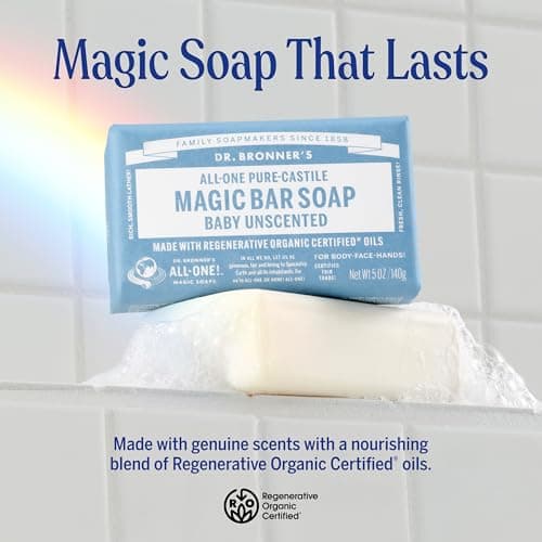 Dr. Bronner's - Pure-Castile Bar Soap (Baby Unscented, 5 ounce, 2-pack) - Made with Organic Oils, For Face, Body, Hair, Gentle for Sensitive Skin, Babies, No Added Fragrance, Biodegradable, Vegan