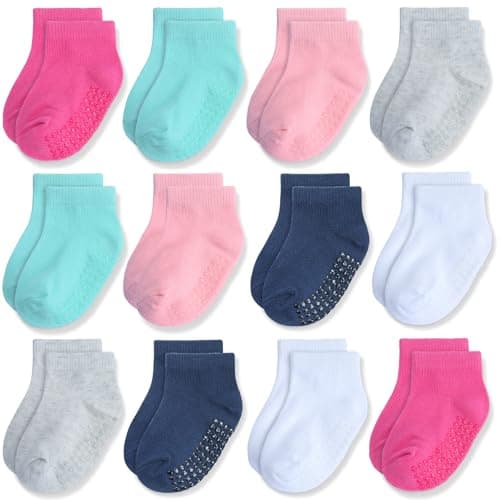 JAKIDAR 12 Pair Baby Toddler Socks Non-Slip Grip Cotton Ankle Socks for Boys Girls Non Skid Soles for Infants Kids, Assorted Girl, 2-4T