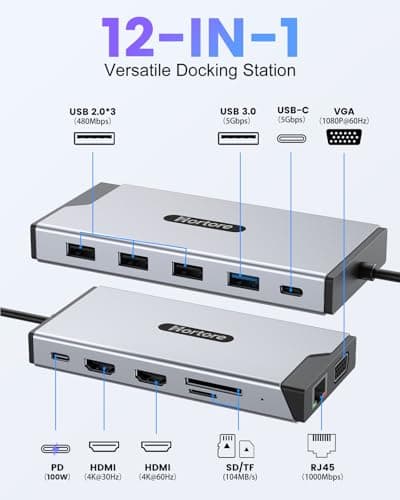 USB C Hub, 12-in-1 Docking Station Dual Monitor with 2 HDMI, VGA, RJ45, 100W PD, USB-C Data,1 USB 3.0, 3 USB 2.0, SD/TF Card Reader, for MacBook/Dell/HP/Lenovo,Silver
