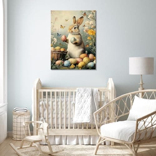 Easter Bunny Canvas Wall Art, Cute Rabbit and Easter Eggs Painting Prints, Vintage Farmhouse Spring Animal Picture, Modern Framed Easter Wall Decor for Bedroom, Living Room, Bathroom, Office 8×10In