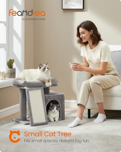 Feandrea Small Cat Tree, Cat Tower Condo for Kittens, Scratching Ramp, Top Perch, Cave, 50.2 x 30 x 44.6 cm, Dove Gray UPCT010GD01