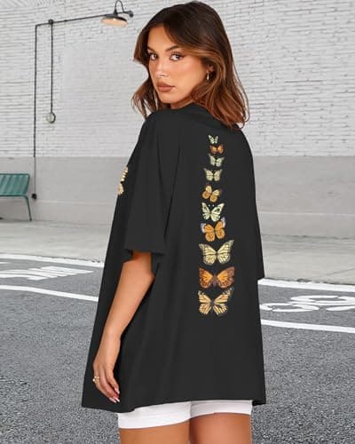 ADOREJOY Womens Oversized T-Shirt Summer Short Sleeve Tops Casual Boyfriend Shirt Loose Fit Tees(Aa Black Brown Butterfly,2XL)
