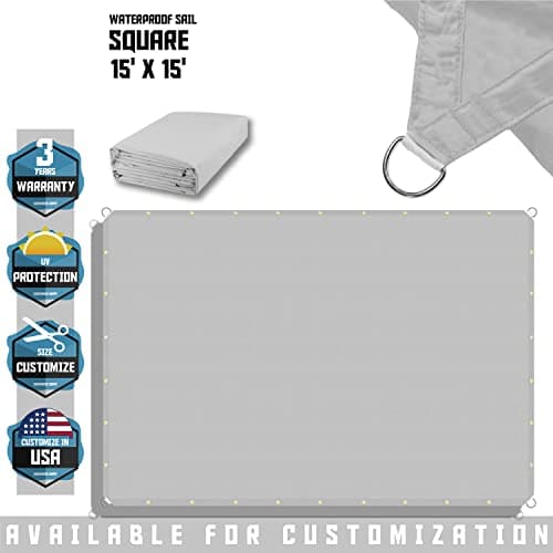 TANG 15' x 15' Waterproof Shade Cloth with Grommets, Sun Shade Sail Rectangle Straight Side, 260 GSM UV Block Fabric Patio Canopy for Deck Carport Backyard Pergola Cover, Gray