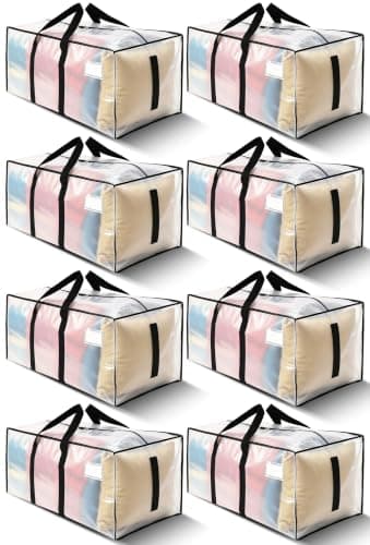 HOMESURE 8 Pack Large Strong Moving Bags with Zippers & Carrying Handles - Water-Resistant - Heavy Duty Tote for Space Saving Storage, Fold Flat, Alternative to Moving Box (Clear)