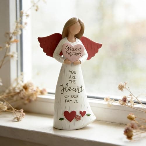 Grandmother Angel Figurine with Heart, Resin Family Love Statue, “You are the Heart of Our Family” Angel Decor, Sentimental Gift for Grandma, Nana, Grandmother Birthday