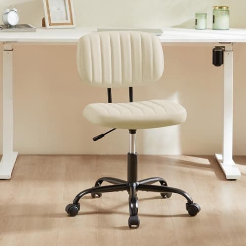 Sweetcrispy Small Office Desk Chair, Armless PU Leather Chair with Comfy Lumbar Support, Height Adjustable Rolling Swivel Task Chair for Adult, Student, Home, Vanity, Beige