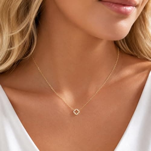 Mothers Day Gifts for Mom Dainty Gold Necklaces for Women Trendy Non Tarnish 14K Gold Plated Cubic Zirconia Necklace Layered Simple Cute Four Leaf Clover Choker Jewelry Birthday Gifts (Cable Small CZ, Gold)