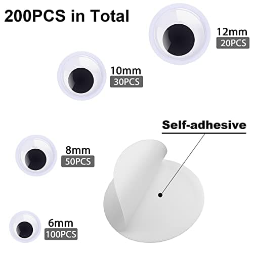 200 Pieces Wiggle Eyes, FEBSNOW Googly Eyes Self Adhesive Black White Plastic Googly Eyes Mixed Assorted Sizes Sticker Eyes for DIY Crafts Decoration(6mm -12mm)