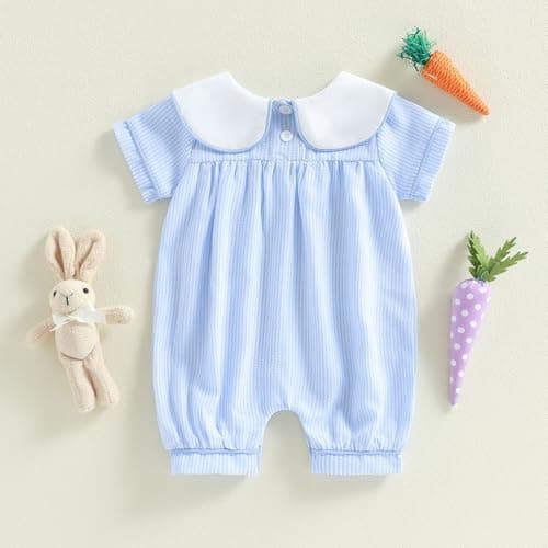 Baby Boy Easter Romper Clothes Short Sleeve Bunny Embroidery Jumpsuit Newborn Playsuit Outfits (Blue, 0-3 Months)