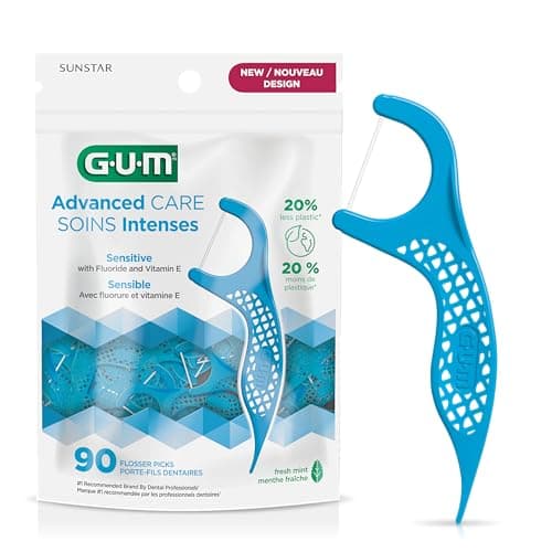 GUM Advanced Care Flosser Picks, Infused with Vitamin E & Fluroide, Fresh Mint Flavour, Blue, 90 Flossers (1 Bag)