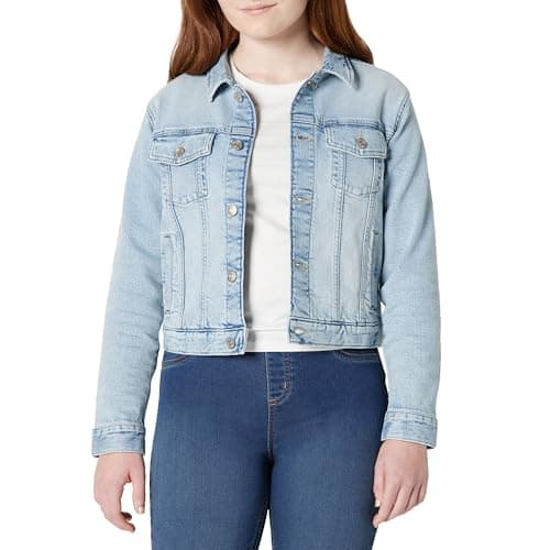 Amazon Essentials Unisex Kids' Medium Stretch Regular-Fit Denim Trucker Jacket, Tinted Ice Light Wash, Medium