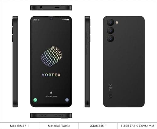 Vortex JK68 Unlocked Android Smartphone, 6.745” HD+ IPS Display, 4GB RAM + 32GB Storage, Dual SIM, Android 14, Black/Grey