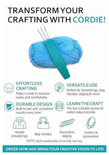 House Village Cordie - I-Cord Hand Tool for Knitting, Crochet, I-Cord Bind Offs and DIY Crafts (Cyan Blue) - Cord Maker, Compact Durable Craft Tool with Video Instructions