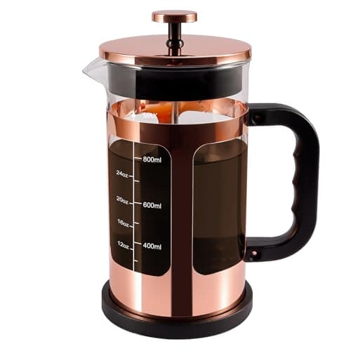 French Press Coffee Maker, 34 oz Glass Carafe, 4-Stage Filter, Rose Gold