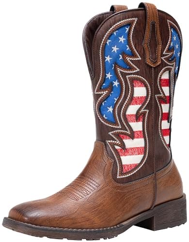 Jousen Cowboy Boots for Men Western Boot Side Zipper American Flag Retro Square Toe Mid-Calf Mens Boots(AMY8428 brown 09.5)