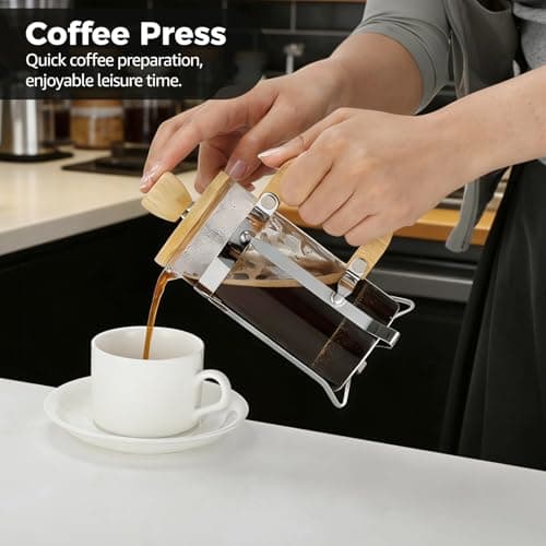 Toyosport French Press Coffee Maker, 12 oz Thick Borosilicate Glass Tea Brewing Pot with Stainless Steel Filter and Wood Handle, Coffee Press for Home Office Travel
