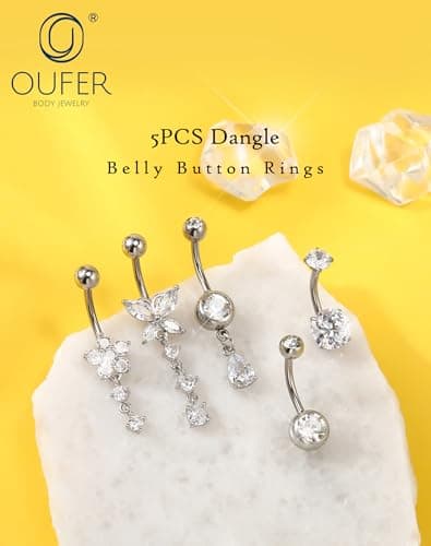 OUFER 5PCS Silver Belly Button Rings Dangle– 14G Surgical Steel Belly Button Piercing, Hypoallergenic Belly Rings with CZ Butterfly Flower Teardrop Barbell for Beach Festival Gym
