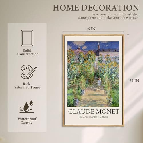 Eliko Claude Monet Framed Canvas Wall Art,The Artist's Garden at Vetheuil Painting Framed Wall Art, Impressionist Famous Oil Painting Reproductions for Living Room Office Classroom Wall Decor -16x24in