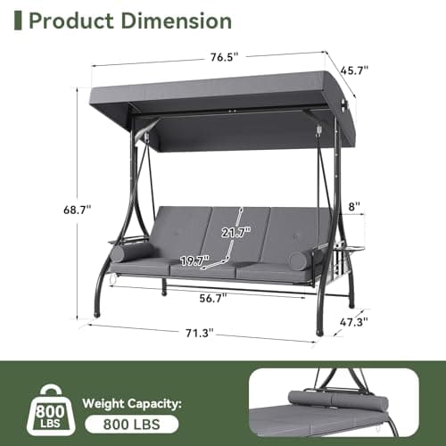 Aoxun Outdoor Porch Swing with Stand and Canopy, 3 Seats Outdoor Swings for Adults, Convertible 2 in 1 Swing Bed with Cup Holder, Patio Swings with Thicken Cushions for Garden, Yard & Balcony, Grey