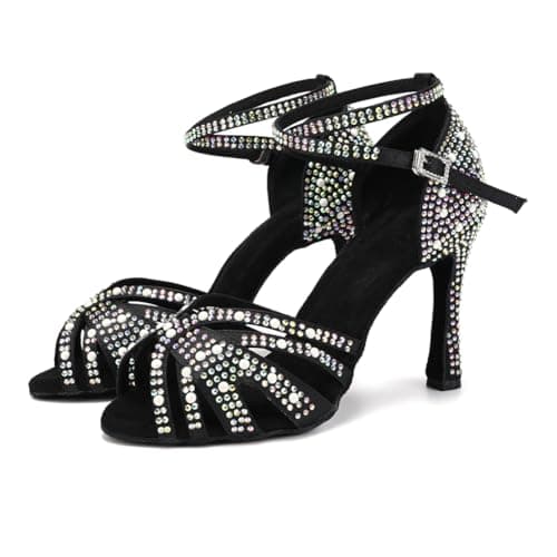 JUODVMP Women's Latin Salsa Dance Shoes Satin with Rhinestones Braided Ballroom Shoes Model L506, L506-black-4" Heel, 7