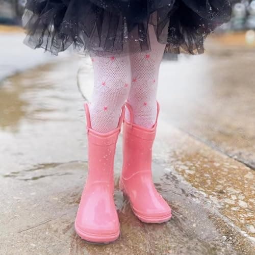 EUXTERPA Girls Waterproof Rain Boots Kids Toddler Solid Color Boots with Easy On Handles, Pink, Little Kid Size 12