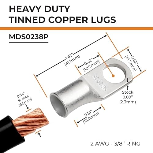 SELTERM 10pcs 2 AWG-3/8 Stud Tinned Copper Wire Lugs, Heavy Duty Battery Cable Ends,2 Gauge Ring Terminals, UL Battery Lugs Marine Grade Copper Eyelets Electrical Battery Terminal Connectors