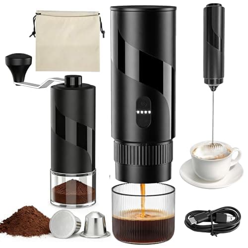 Portable Coffee Maker Set - Travel Coffee Maker, Electric Espresso Machine for Camping, Travel, Car, RV, Hiking, with Ground Coffee & Capsule Accessories, Milk Frother, Grinder, Gift for Coffee Lover