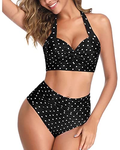 Tempt Me Women Two Piece Swimsuit High Waisted Bikini Halter Vintage Retro Bathing Suit Push up Swimwear, Black Little Dot 1, Large
