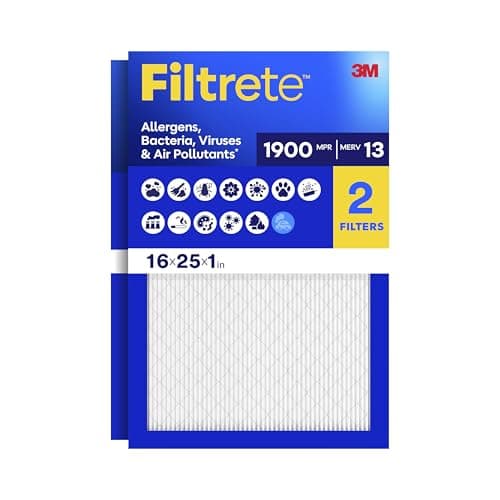 Filtrete 16x25x1 Air Filter, MERV 13 MPR 1900, Allergens, Bacteria, Viruses & Air Pollutants, 3-Month AC/Furnace Filters, Cleaner Air Reliable Airflow, 2 HVAC Filters(Act Size 15.62x24.62x0.78 in)