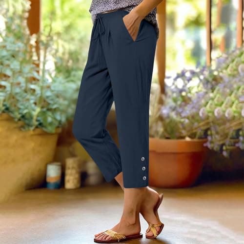 Summer Cotton Linen Capri Pants for Women High Waist Drawstring Straight Leg Capris Casual Beach Cropped Lounge Pant Navy
