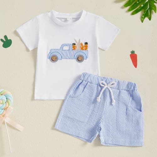 Toddler Baby Boy Easter Outfits Short Sleeve Truck Embroidery T-Shirt + Shorts Set Boys Spring Clothes (White, 6-12 Months)