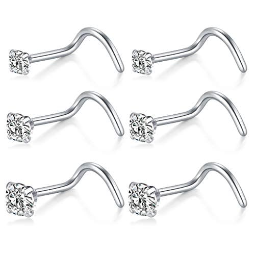 D.Bella Nose Rings, 20G Nose Screw Studs 316 Surgical Steel Nose Piercings Jewelry 1.5mm 2mm 2.5mm Clear Round Inlaid Silver