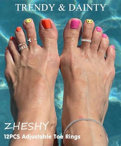 ZHESHY 12PCS 14K Gold Plated Toe Rings for Women Adjustable Silver Gold Toe Ring Set Cute Flower CZ Heart Toe Rings Band Open Beach Summer Foot Jewelry for Women