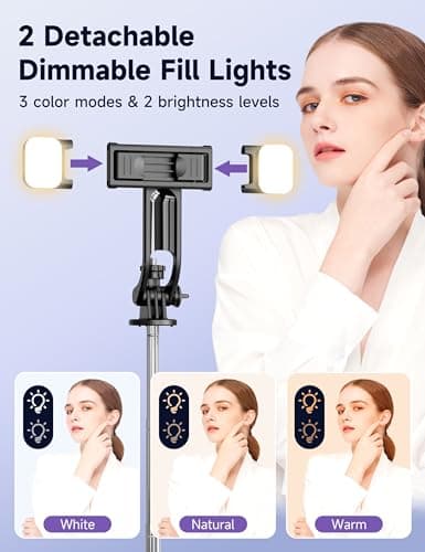 Selfie Stick with 2 Fill Light, 53'' Tripod for Cell Phone with Wireless Remote, 360° Rotating Portable Phone Tripod with Detachable Clip, Travel Phone Holder Compatible with iPhone/Samsung/GoPro