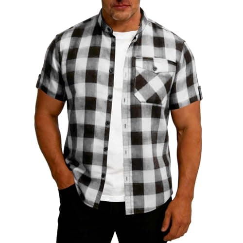 Men's Casual Short Sleeve Button Down Shirt, Checkered Pattern Stand Collar Top with Chest Pockets for Summer Wear Black