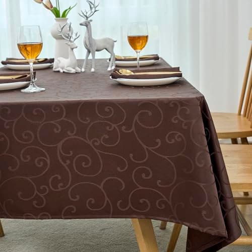 Marina Decoration Home Decor Jacquard Waterproof Thick Elegant Premium Solid Damask Scroll Decorative Kitchen Table Cloth Liquid Repellent Stain Resistant Tablecloth, Brown Color Oblong 52 x 70 Inch