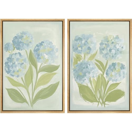 SIGNFORD Framed Canvas Print Wall Art Set Soft Hydrangea Pair Light Blue Florals with Green Leaves Illustration Modern Art Decorative Nature for Living Room, Bedroom, Office - 24"x36"x2 Natural