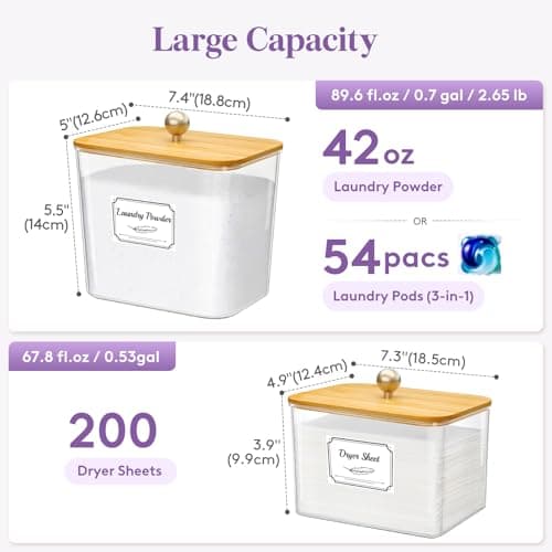 Lifewit Laundry Pods Container with Lid, Dryer Sheet Holder, Room Organization Storage for Coffee Pods Kcup Washing Powder, Scent Booster Beads, 2600 +2000ml/0.53+0.7gal,Natural,4 Pcs