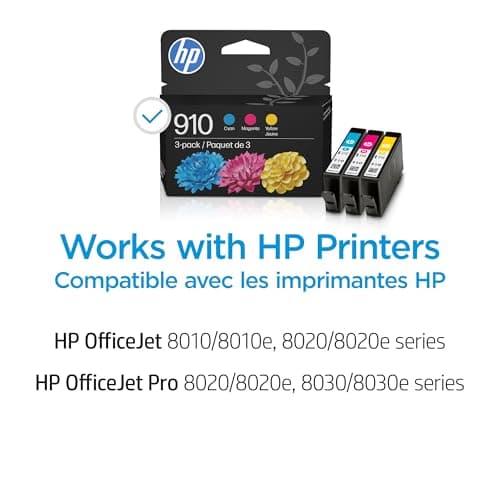 Original HP 910 Cyan, Magenta, Yellow Ink Cartridges (3-Pack) | Works with HP OfficeJet 8018, 8022; HP OfficeJet Pro 8020, 8025, 8035| Eligible for Instant Ink | 3YN97AN