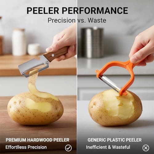 Sakerplus Multifunctional Vegetable Peeler with Wooden Handle and Bottle Opener, 2-in-1 Stainless Steel Blade, Contour-Flow for Kitchen Prep, Camping, Apple Potato Pumpkin Papaya Peeling
