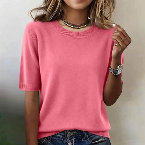 Elbow Sleeve Tops Women Loose Fit Cashmere Sweaters Crew Neck T Shirts Dressy Lightweight Half Sleeve Spring Blouses Pinks Small