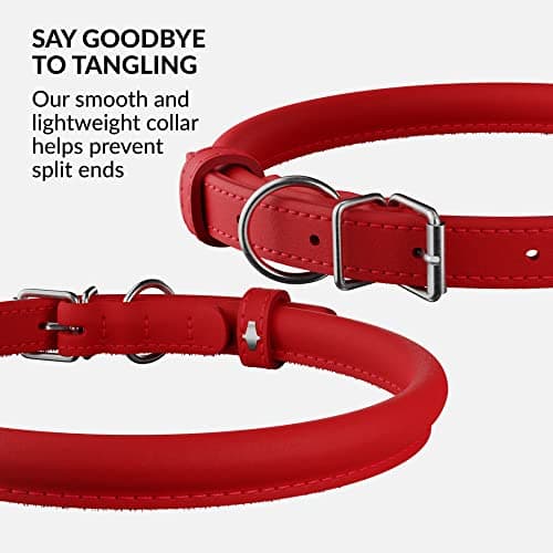 CollarDirect Rolled Leather Dog Collar, Soft Padded Round Puppy Collar, Handmade Genuine Leather Collar Dog Small Large Cat Collars (Red Smooth, 15-18 cm)