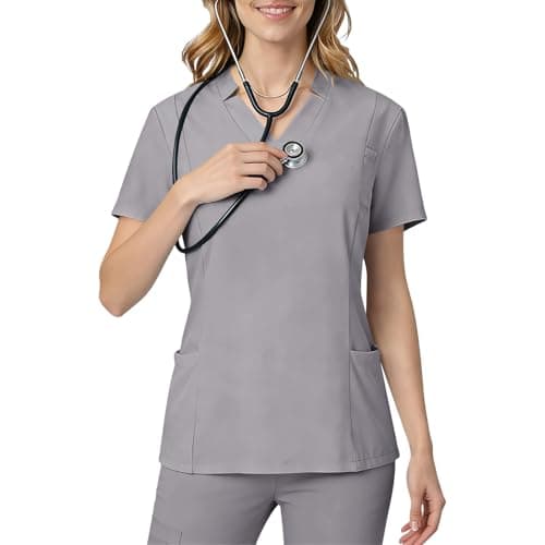 Women Medical Scrub Tops with Notch V Neck Short Sleeve High Elastic Scrubs Classic Lightweight Breathe Nurse Uniform Gray Medium