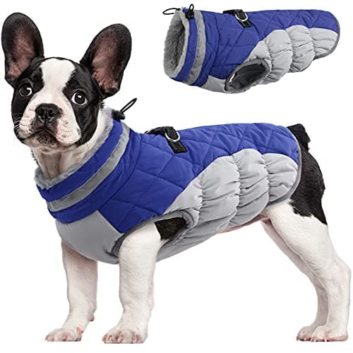 FUAMEY Dog Coat for Medium Dogs,Waterproof Dog Winter Jacket with Harness Built in Puppy Cold Weather Coats Reflective Pet Vest with Zipper Warm Fleece Dogs Snowsuit Windproof Blue M