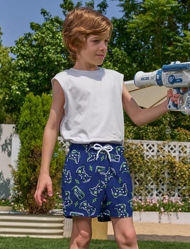 APTRO Boys Swim Trunks with Zipper Pockets & Compression Liner Quick Dry 2 in 1 Beach Shorts, Game Blue, 8-10 Years