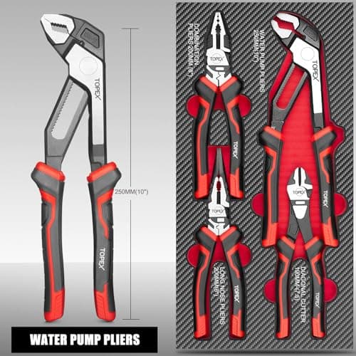 TOPEX 4 Piece Pliers Set with Ergonomic Non-Slip Handle (190 mm Diagonal Cutters, 200 mm Combination Pliers, 200 mm Long Nose Plier, 250 mm Water Pump Plier) for Demanding Tasks & Home Use