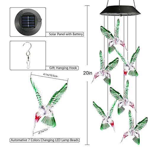 Toodour Solar Wind Chimes, Color Changing Solar Hummingbird Wind Chimes, LED Decorative Mobile, Waterproof Solar Lights Outdoor for Patio, Window, Garden Decor, for Mom/Grandma