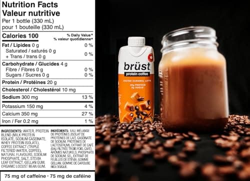 BRÜST PROTEIN COFFEE SALTED CARAMEL LATTE - Caramelly indulgence slightly sweet (20g Protein, 75mg Caffeine, 100 Calories) Caramel, Smooth, Slightly Sweetened Cold Brew Coffee, 330mL, 12 Pack, Brust Iced Coffee - AS SEEN ON DRAGON'S DEN